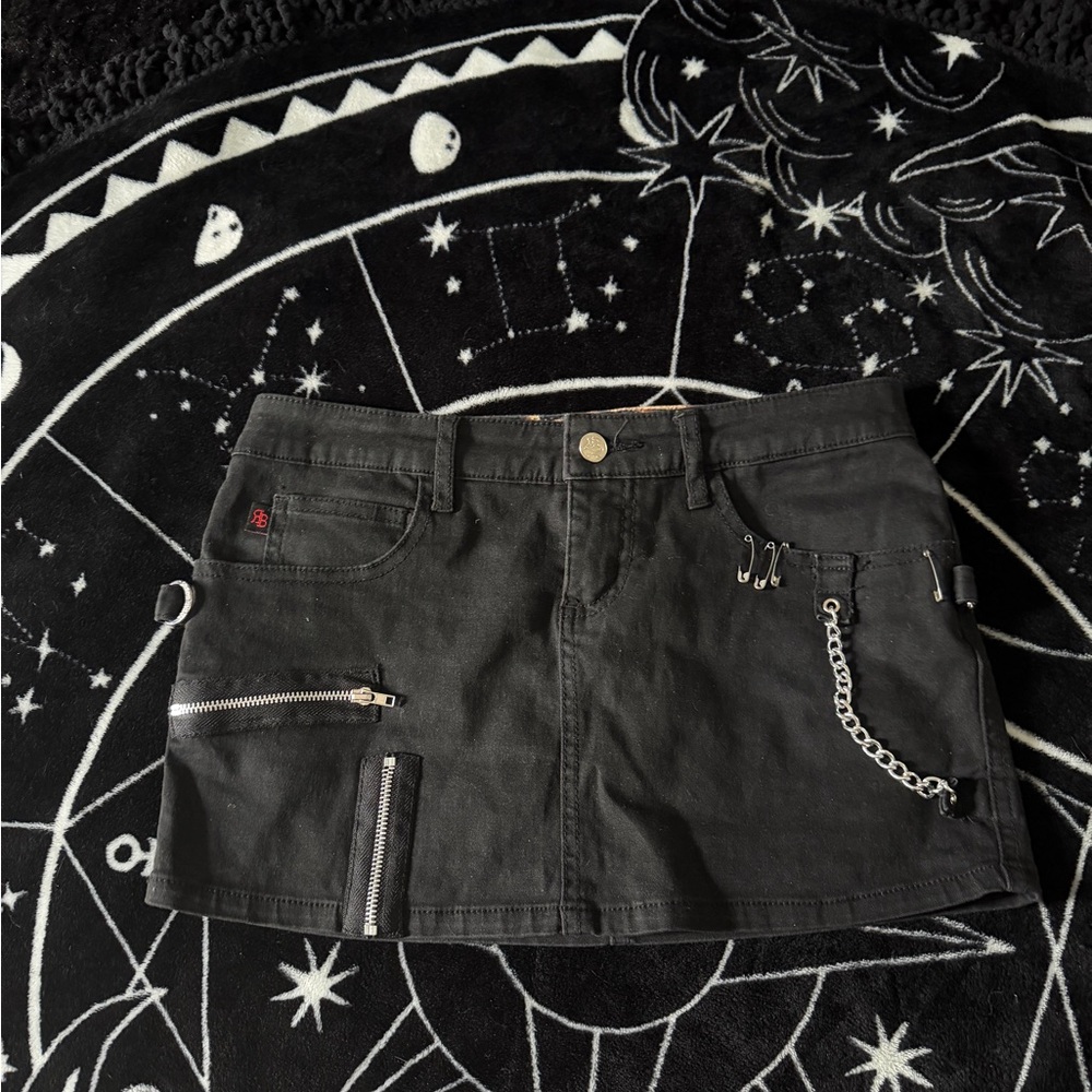 Royal bones Black Denim Mini Skirt with Chain Detail
